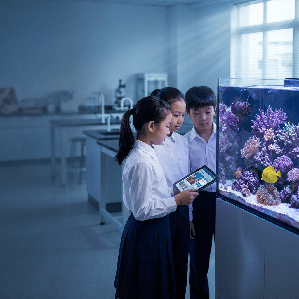 Students with a campus coral tank